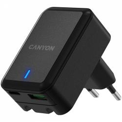 CANYON H-20Т, PD 20W/QC3.0 18W WALL Charger with 1-USB A+ 1-USB-C Input: 100V-240V, Output: 1 port charge: USB-C:PD 20W (5V3A/9V2.22A/12V1.67A) , USB-A:QC3.0 18W (5V3A/9V2.0A/12V1.5A), 2 port charge: common charge, total 5V, 3.4A | CNS-CHA20B