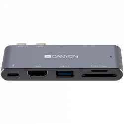 CANYON DS-5, Multiport Docking Station with 5 port, with Thunderbolt 3 Dual type C male port, 1*Thunderbolt 3 female+1*HDMI+1*USB3.0+1*SD+1*TF. Input 100-240V, Output USB-C PD100W&USB-A 5V/1A, Aluminium alloy, Space gray, 90*41*11mm, 0.04kg | CNS-TDS05DG