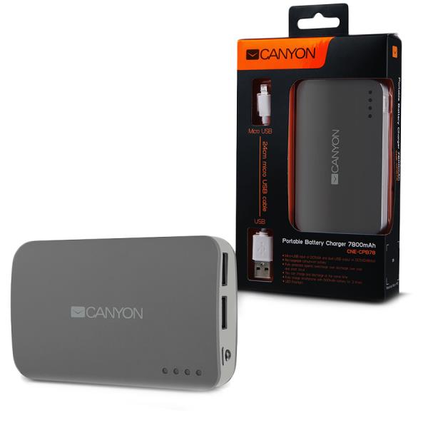 CANYON CNE-CPB78DG Dark grey color portable battery charger with 7800mAh, micro USB input 5V/1A and USB output 5V/1A(max.)