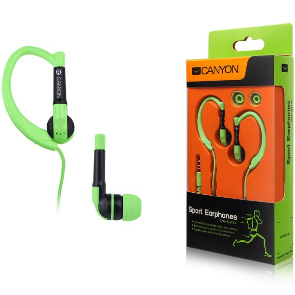 CANYON sport earphones, over-ear fixation, inline microphone, Green, cable length 1.2m, 45*30*25mm, 0.025kg