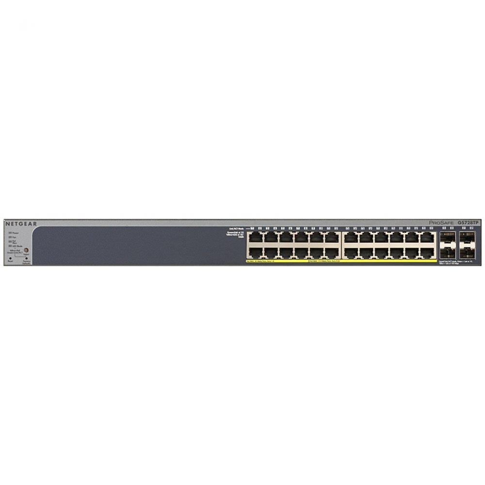 Netgear ProSafe Gigabit Smart Managed PRO Switch, 24x10/100/1000 RJ45 ports, 4 SFP ports, 24 PoE 802.3af of which first 8 are PoE+ 802.3at, 192W PoE budget, Web GUI, HTTPs,RMON SNMP, 32 static routes IPv4, LLDP, RADIUS, Rack-mounting kit