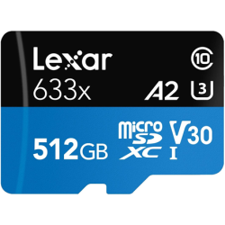 Lexar High-Performance 633x UHS-I  MicroSDXC, 512 GB, Flash memory class 10, Black/Blue, Class: A2 V30 U3, 70 MB/s, 100 MB/s | LSDMI512BB633A