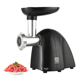 Adler | Meat mincer | AD 4811 | Black | 600 W | Number of speeds 1 | Throughput (kg/min) 1.8 | 3 replaceable sieves: 3mm for grinding poppies and preparing meat and vegetable stuffing; 5mm for meatballs, Roman roast and beef burgers; 7mm for coarsely ground sausages, offal sausages and pates; Charging tray; Pusher