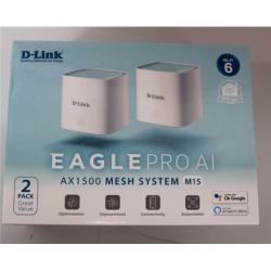 SALE OUT. D-Link M15-2 EAGLE PRO AI AX1500 Mesh System D-Link EAGLE PRO AI AX1500 Mesh System M15-2 (2-pack) 802.11ax 1200+300 Mbit/s 10/100/1000 Mbit/s Ethernet LAN (RJ-45) ports 1 Mesh Support Yes MU-MiMO Yes No mobile broadband Antenna type 2 x 2.4G WLAN Internal Antenna, 2 x 5G WLAN Internal Antenna UNPACKED, SCRATCHED ON TOP | EAGLE PRO AI AX1500 Mesh System | M15-2 (2-pack) | 802.11ax | 1200+300  Mbit/s | 10/100/1000 Mbit/s | Ethernet LAN ( | M15-2SO