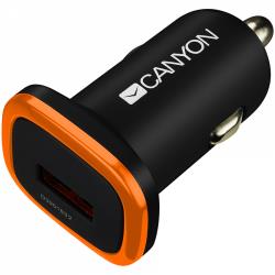 CANYON C-01 Universal 1xUSB car adapter, Input 12V-24V, Output 5V-1A, black rubber coating with orange electroplated ring(without LED backlighting), 51.8*31.2*26.2mm, 0.016kg | CNE-CCA01B