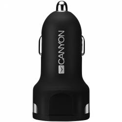 CANYON C-04, Universal 2xUSB car adapter, Input 12V-24V, Output 5V-2.4A, with Smart IC, black rubber coating with silver electroplated ring, 59.5*28.7*28.7mm, 0.019kg | CNE-CCA04B
