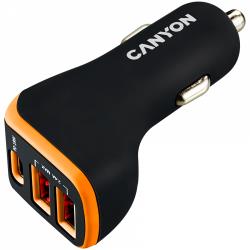 CANYON C-08, Universal 3xUSB car adapter, Input 12V-24V, Output DC USB-A 5V/2.4A(Max) + Type-C PD 18W, with Smart IC, Black+Orange with rubber coating, 71*39*26.2mm, 0.028kg | CNE-CCA08BO