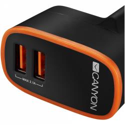 CANYON H-02, Universal 2xUSB AC charger (in wall) with over-voltage protection, Input 100V-240V, Output 5V-2.1A , with Smart IC, black rubber coating with orange stripe, 64*56*34.6mm, 0.041kg | CNE-CHA02B