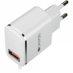 CANYON H-043 Universal 1xUSB AC charger (in wall) with over-voltage protection, plus lightning USB connector, Input 100V-240V, Output 5V-2.1A, with Smart IC, white(silver electroplated stripe), cable length 1m, 81*47.2*27mm, 0.059kg | CNE-CHA043WS