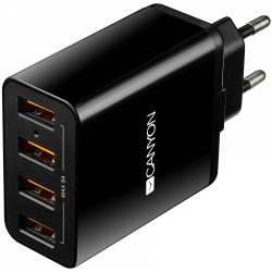 CANYON H-06 Universal 4xUSB AC charger (in wall) with over-voltage protection, Input 100V-240V, Output 5V-5A, with Smart IC, black glossy color+orange plastic part of USB, 96.8*52.48*28.5mm, 0.09kg | CNE-CHA06B