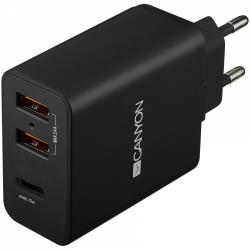 CANYON H-08, Universal 3xUSB AC charger (in wall) with over-voltage protection(1 USB-C with PD Quick Charger), Input 100V-240V, Output USB-A/5V-2.4A+USB-C/PD30W, with Smart IC, Black Glossy Color+orange plastic part of USB, 96.8*52.48*28.5mm, 0.092kg | CNE-CHA08B