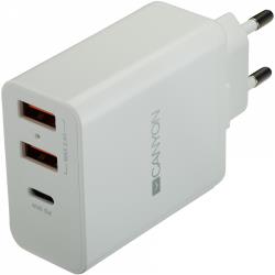 CANYON H-08, Universal 3xUSB AC charger (in wall) with over-voltage protection(1 USB-C with PD Quick Charger), Input 100V-240V, OutputUSB-A/5V-2.4A+USB-C/PD30W, with Smart IC, White Glossy Color+ orange plastic part of USB, 96.8*52.48*28.5mm, 0.092kg | CNE-CHA08W