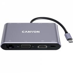 CANYON  DS-14, 8 in 1 USB C hub, with 1*HDMI: 4K*30Hz, 1*VGA, 1*Type-C PD charging port, Max 100W PD input. 3*USB3.0,transfer speed up to 5Gbps. 1*Glgabit Ethernet, 1*3.5mm audio jack, cable 15cm, Aluminum alloy housing,95*55*17.6 mm, 107g, Dark grey | CNS-TDS14