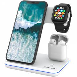CANYON WS-302, 3in1 Wireless charger, with touch button for Running water light, Input 9V/2A, 12V/2A, Output 15W/10W/7.5W/5W, Type c to USB-A cable length 1.2m, 137*103*140mm, 0.22Kg, White | CNS-WCS302W