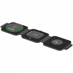 CANYON WS-305, Foldable 3in1 Wireless charger with case, touch button for Running water light, Input 9V/2A,  12V/1.5AOutput 15W/10W/7.5W/5W, Type c to USB-A cable length 1.2m, with charger QC 18W EU plug, Fold size: 97.8*72.4*25.2mm. Unfold size: 272 | CNS-WCS305B