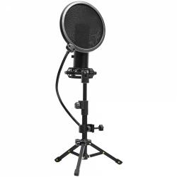 LORGAR Voicer 721, Gaming Microphone, Black, USB condenser microphone with tripod stand and pop filter, including 1 microphone, 1 metal tripod, 1 plastic shock mount, 1 windscreen cap, 2m USB Type C cable, 1 pop filter, 1 tripod mount ring, 154.6x56.1mm | LRG-CMT721