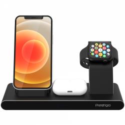 Prestigio ReVolt A7, 3-in-1 wireless charging station for iPhone, Apple Watch, AirPods, wilreless output for phone 7.5W/10W, wireless output for AirPods 5W, wireless output for Apple Watch 2.5W, material: aluminum+tempered glass, black color | PCS107A_BK