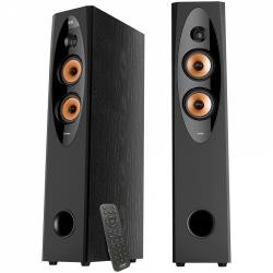 F&D T-60X PRO 2.0 Floorstanding Speakers, 120W RMS ( 60Wx2), 1'' Tweeter + 4'' Speakers x2 + 8'' Subwoofer for each channel, BT 5.3/Optical/COAXIAL/AUX/USB/Karaoke function/LED Display/Remote control/Microphone/Wooden, Touch buttons, Black