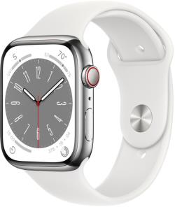 Apple Watch 8 GPS + Cellular 45mm Stainless Steel Sport Band, silver/white (MNKE3EL/A)